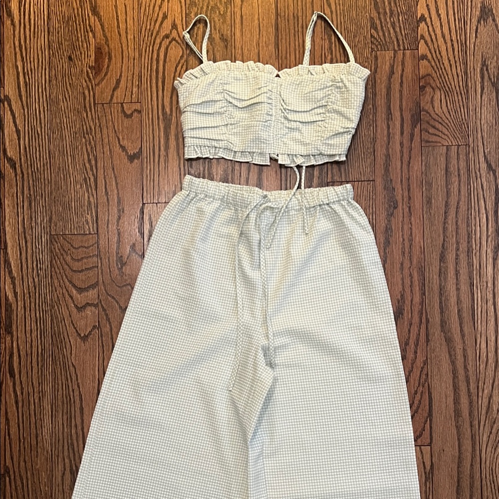 Green & White Princess Polly Gingham Crop Top and Pants Set